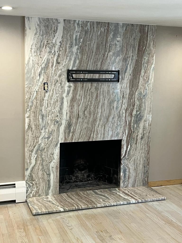 Fantasy Brown Marble Fireplace Installation by Ambiance Stone | Berlin, CT